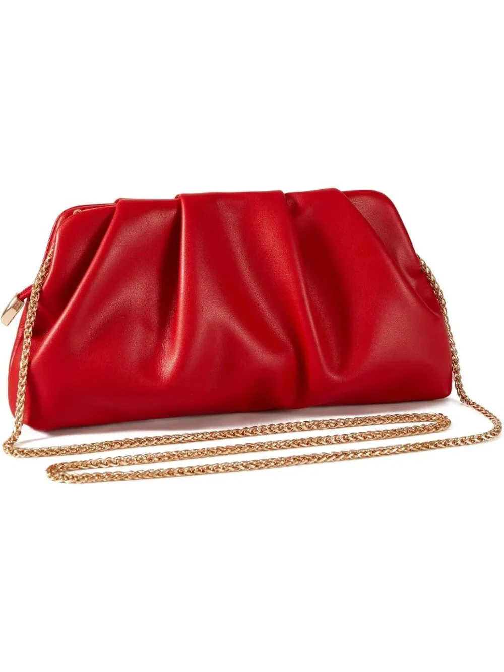👜Women's Red Leather Ruched Clutch Purse Detachable Metal Chain Crossbody Bag